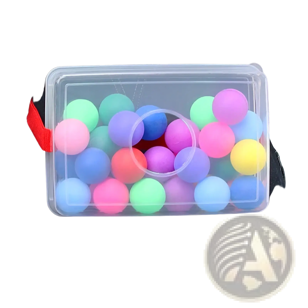 Clear plastic storage box with red strap containing colorful pastel foam balls for Shaking Swing Balls party game set