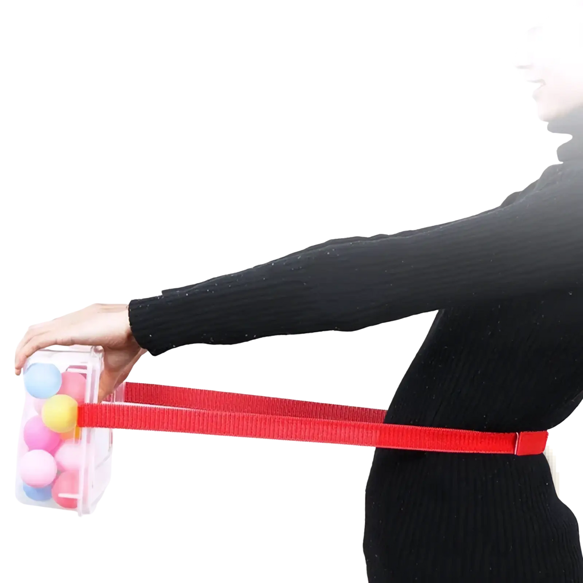Red elastic resistance band with clear plastic container of colorful balls for shaking swing balls party game set