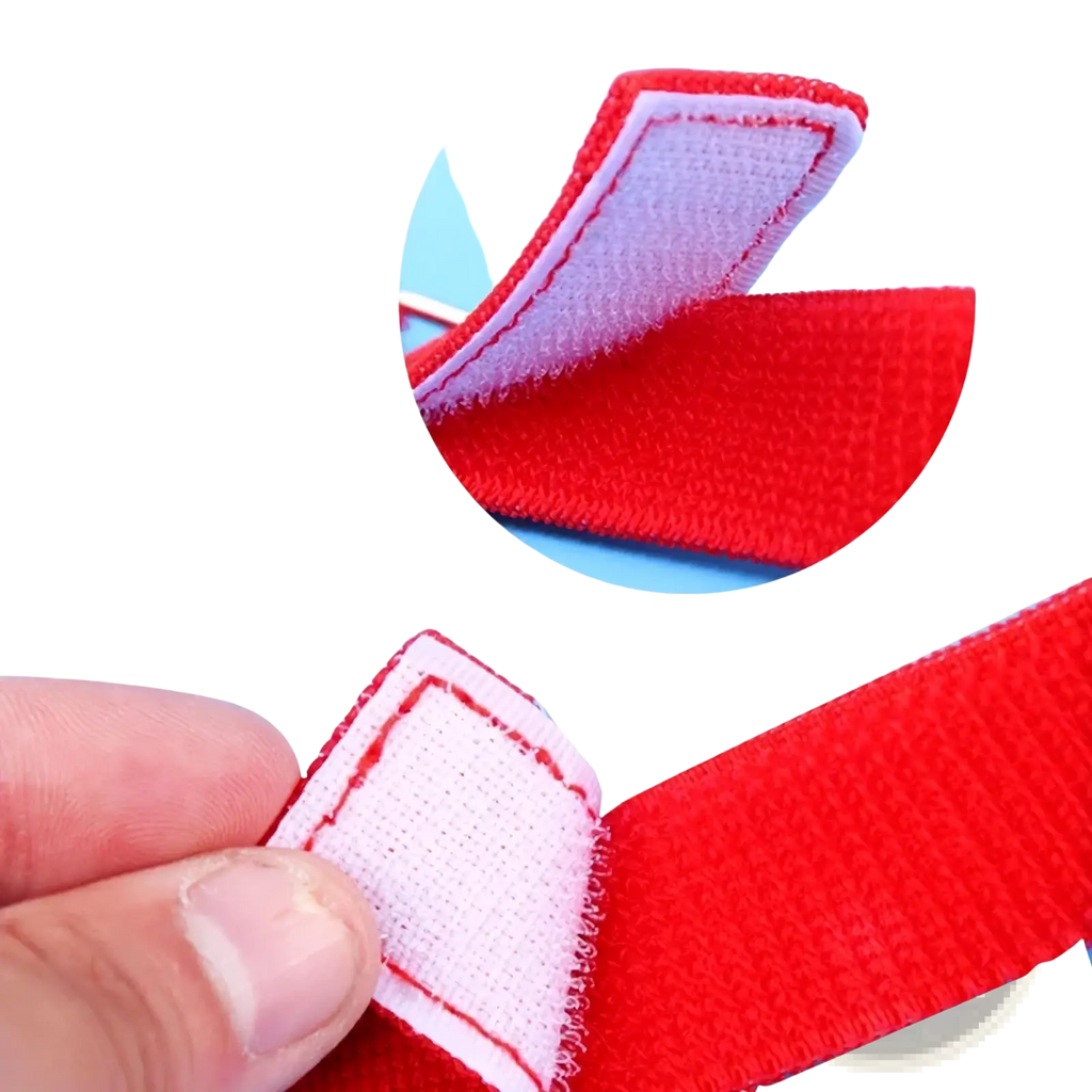 Red velcro strap with white adhesive backing and red stitching for shaking swing balls party game set accessory