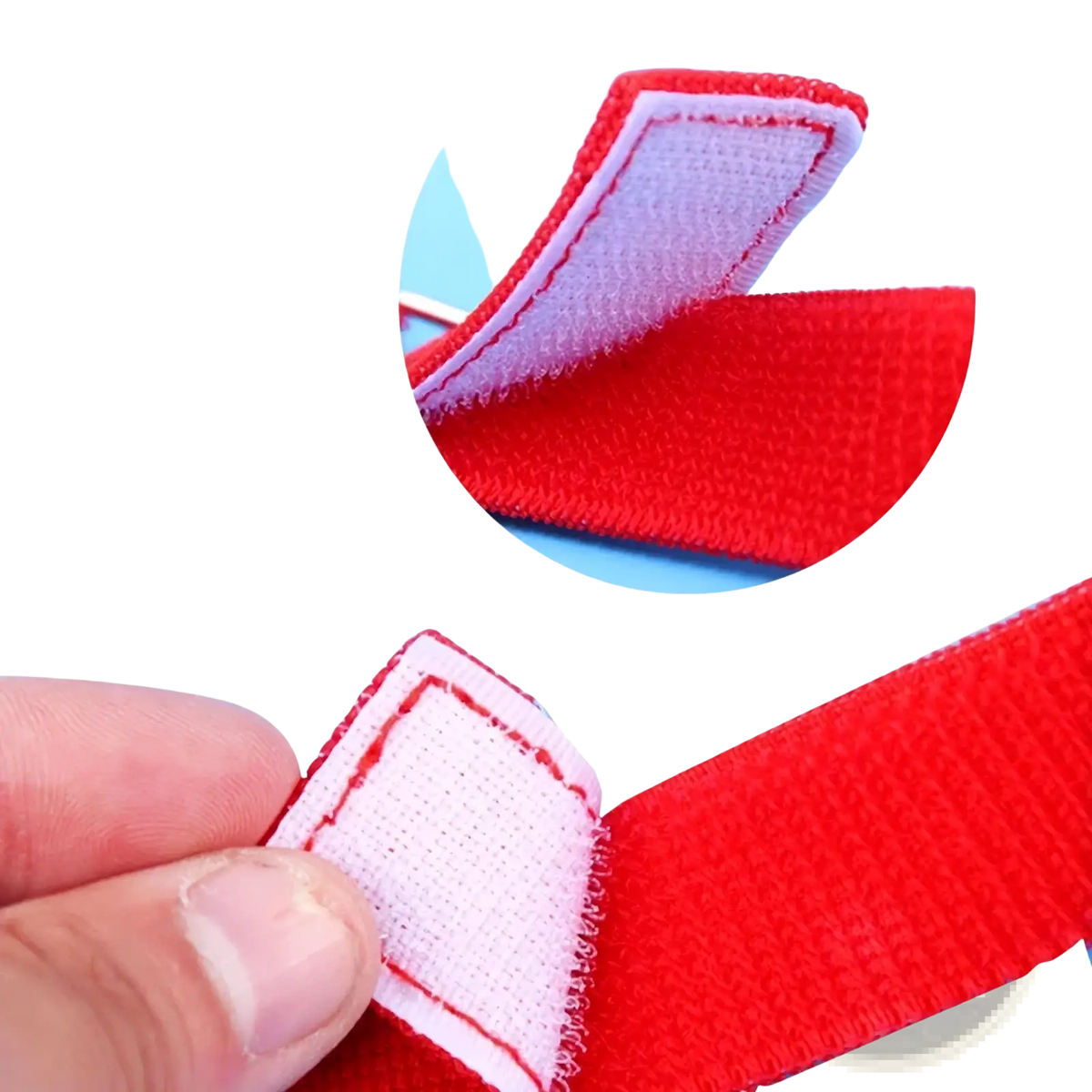 Red velcro strap with white adhesive backing and red stitching for shaking swing balls party game set accessory