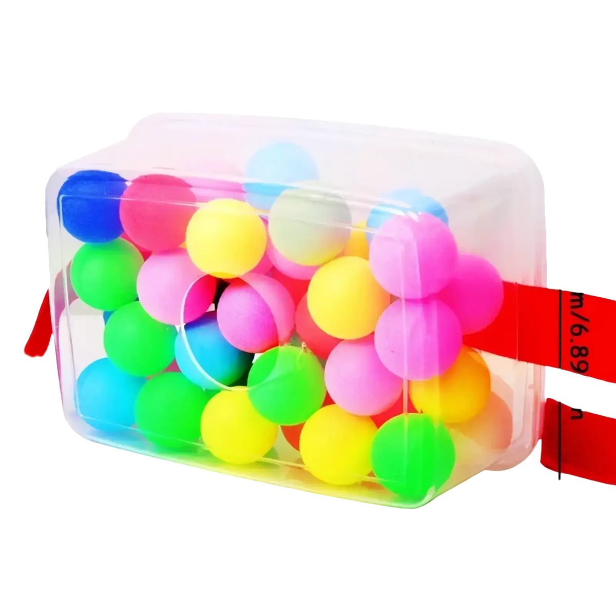 Clear plastic container of colorful foam balls in vibrant shades for shaking swing balls party game use