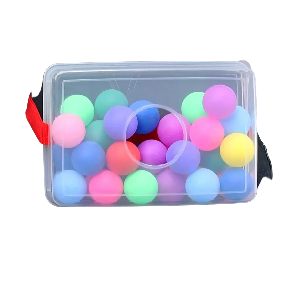 A clear plastic container with red handle filled with pastel foam balls for shaking swing balls party game set