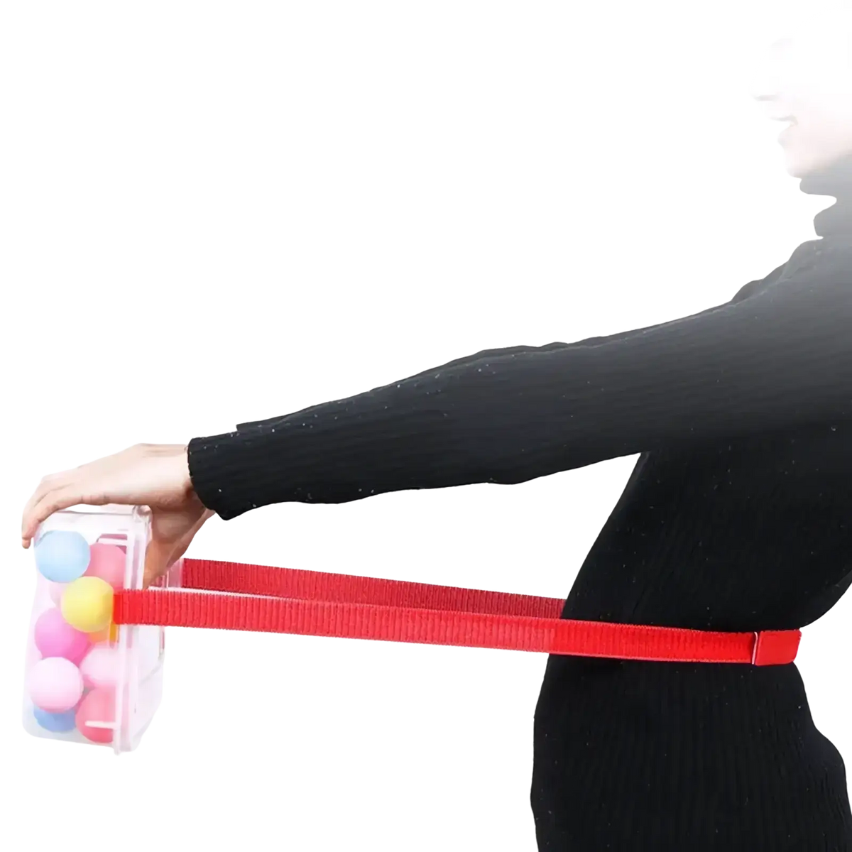 Red elastic resistance band with clear container holding colorful balls for shaking swing balls party game set