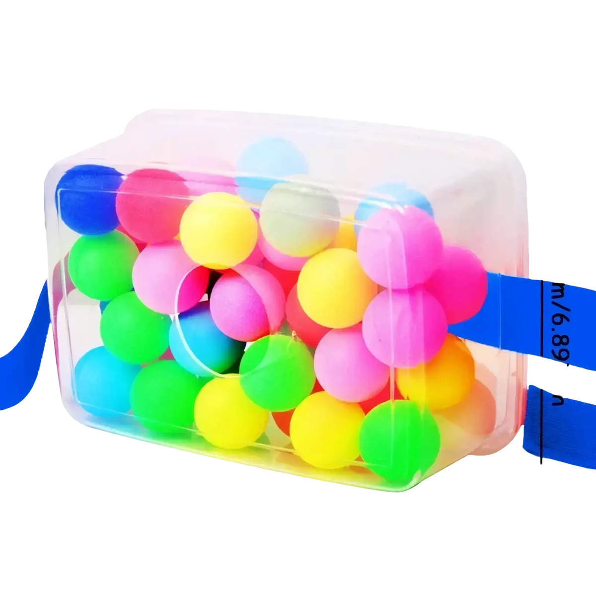 Transparent plastic container filled with colorful round foam balls for shaking swing balls party game set play