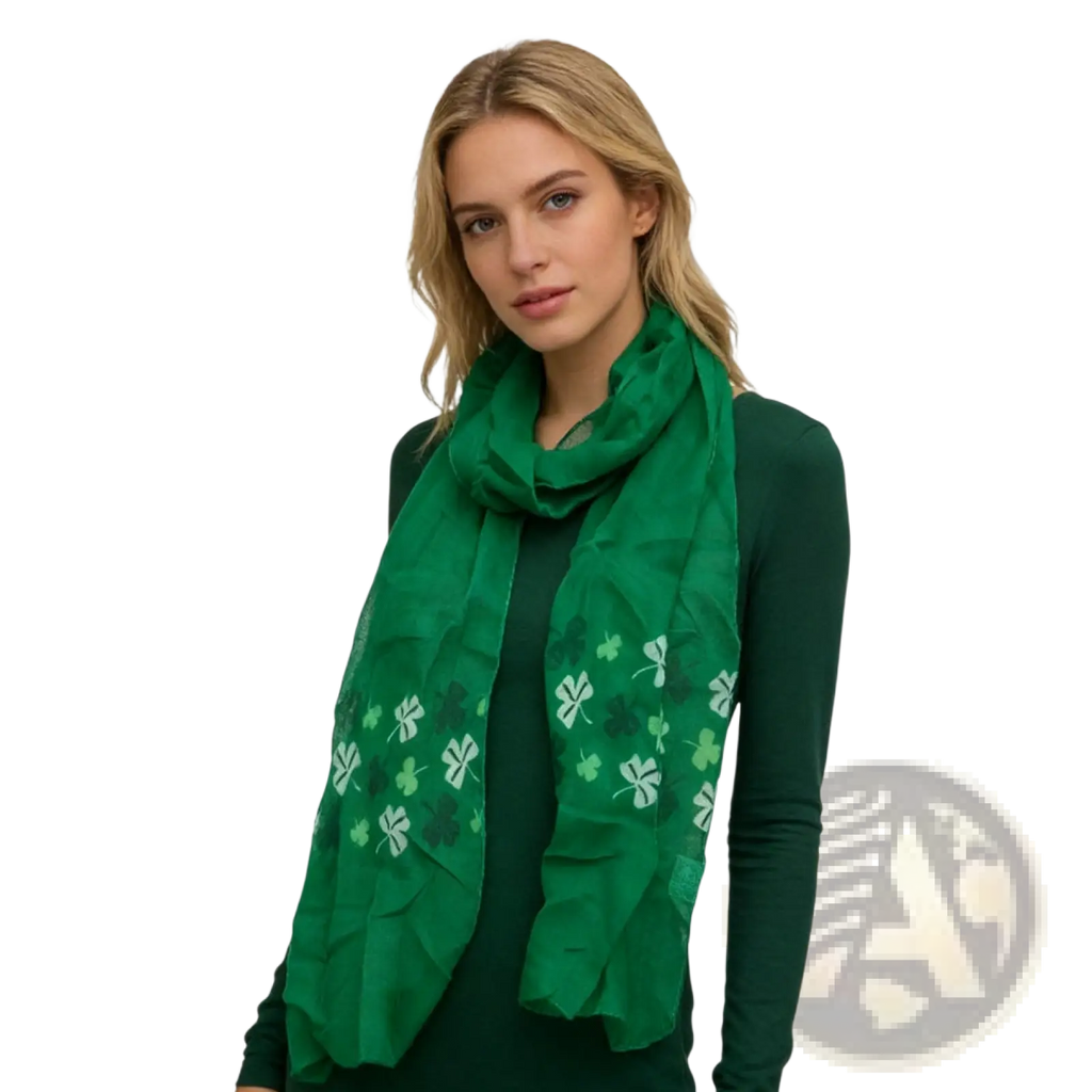 A vibrant green shamrock printed scarf made of lightweight flowing fabric in a 2pack green earth tone set
