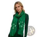 A vibrant green shamrock printed scarf made of lightweight flowing fabric in a 2pack green earth tone set