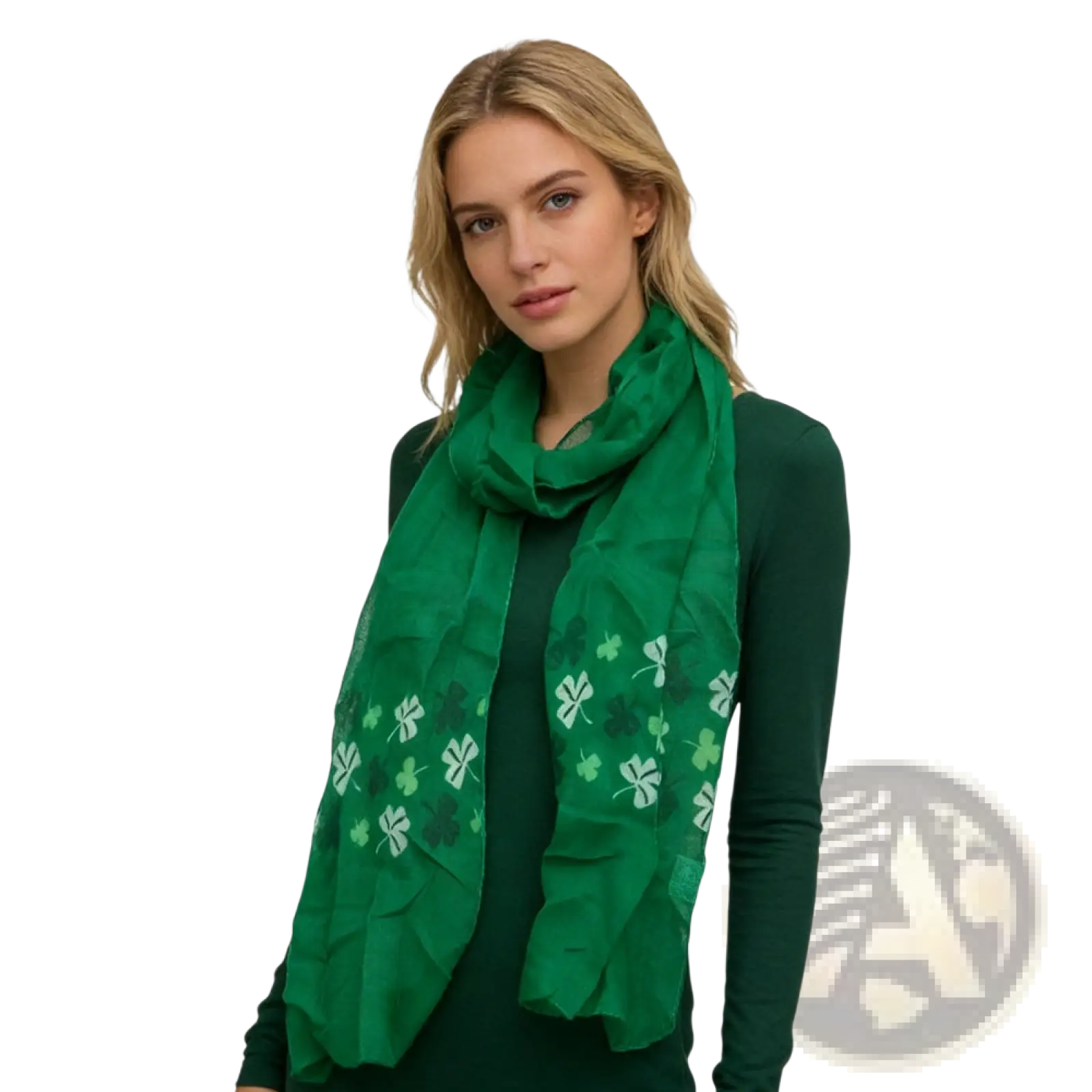 A vibrant green shamrock printed scarf made of lightweight flowing fabric in a 2pack green earth tone set