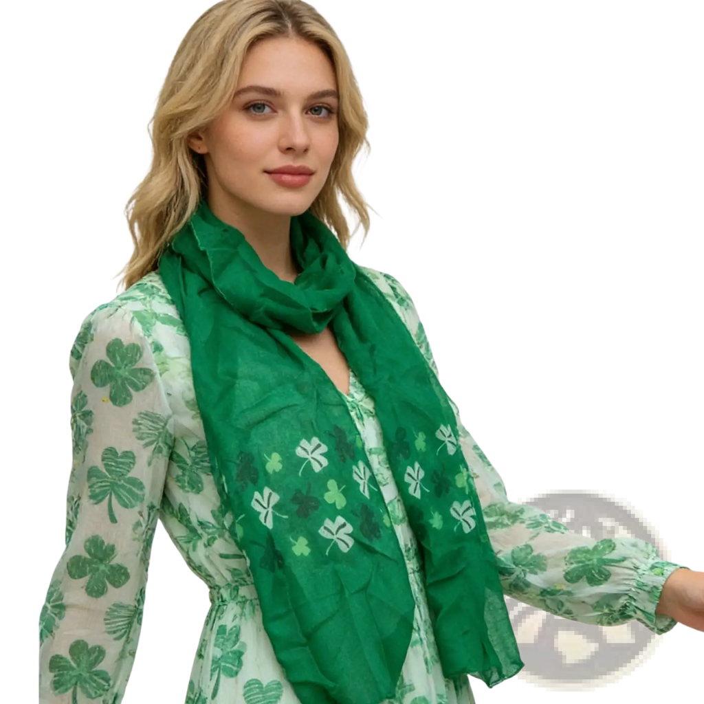 Shamrock printed scarf 2pack green earth tone vibrant green lightweight fabric with white and dark green shamrock pattern