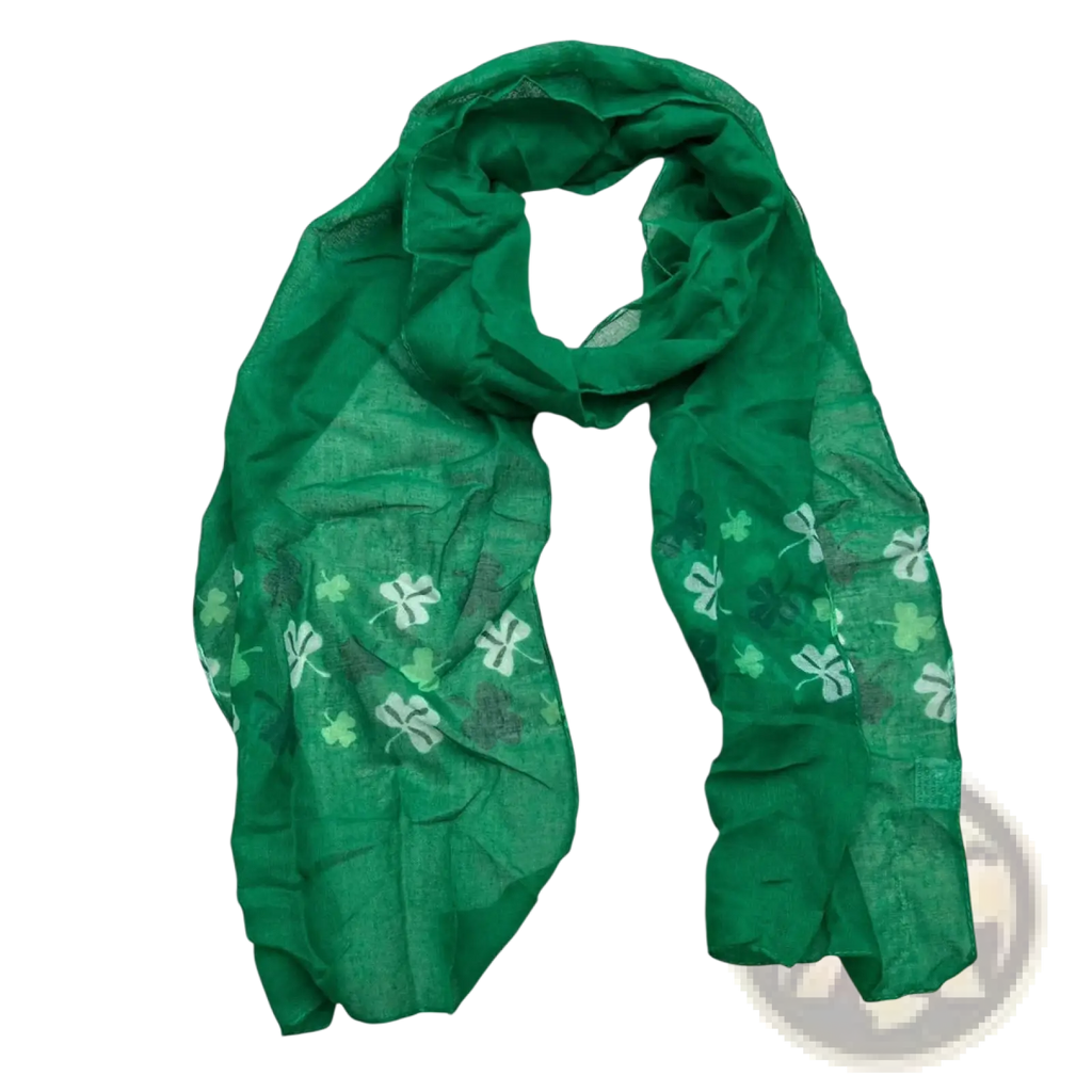 A vibrant green shamrock printed scarf featuring white patterns in a 2 pack earth tone set