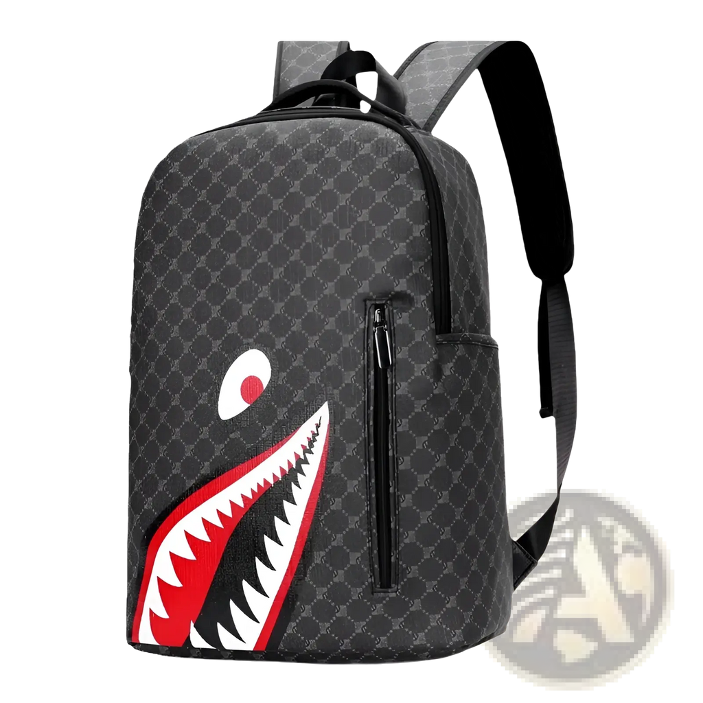 Black shark backpack with bold red and white shark mouth graphic and gray geometric pattern large capacity pu bag