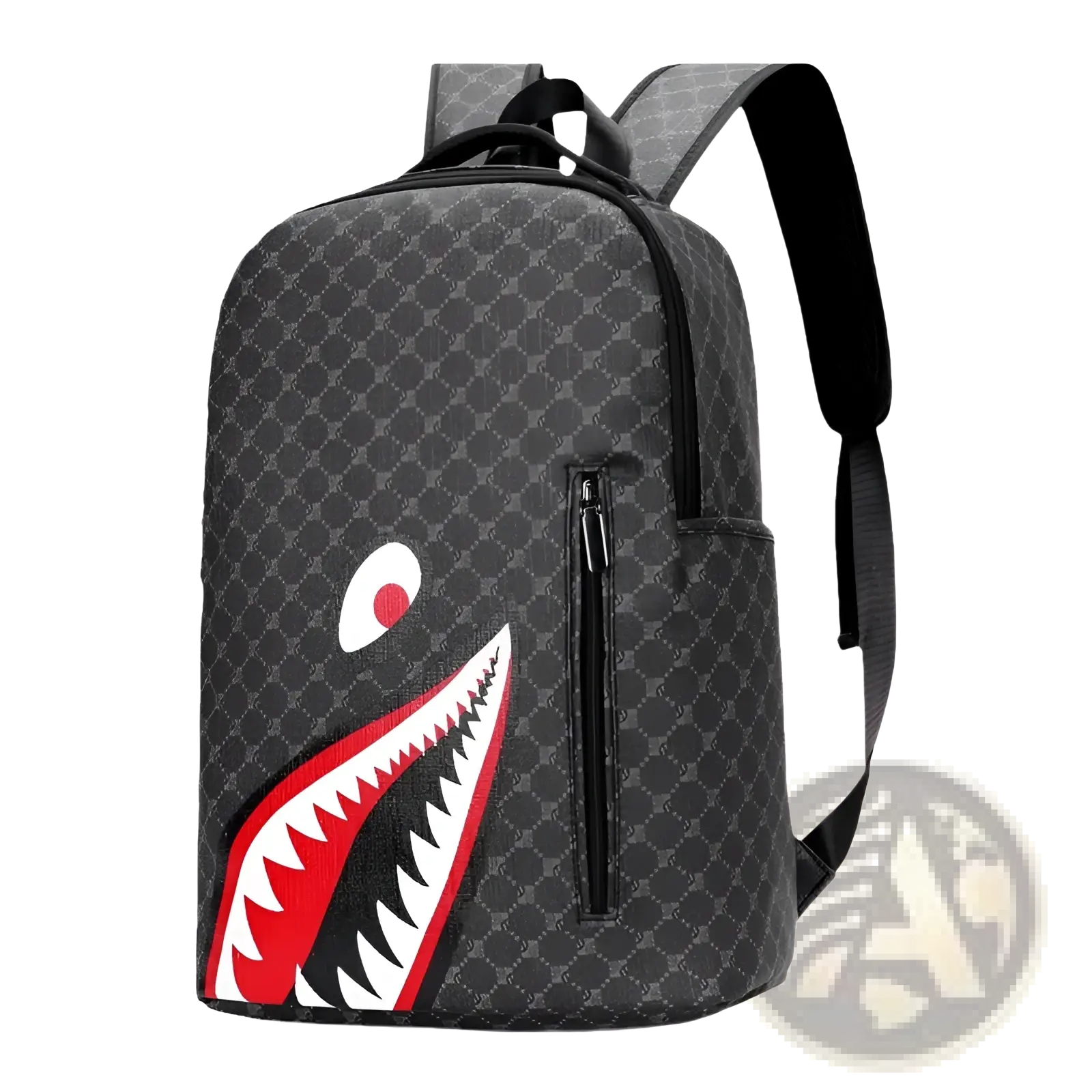 Black shark backpack with bold red and white shark mouth graphic and gray geometric pattern large capacity pu bag