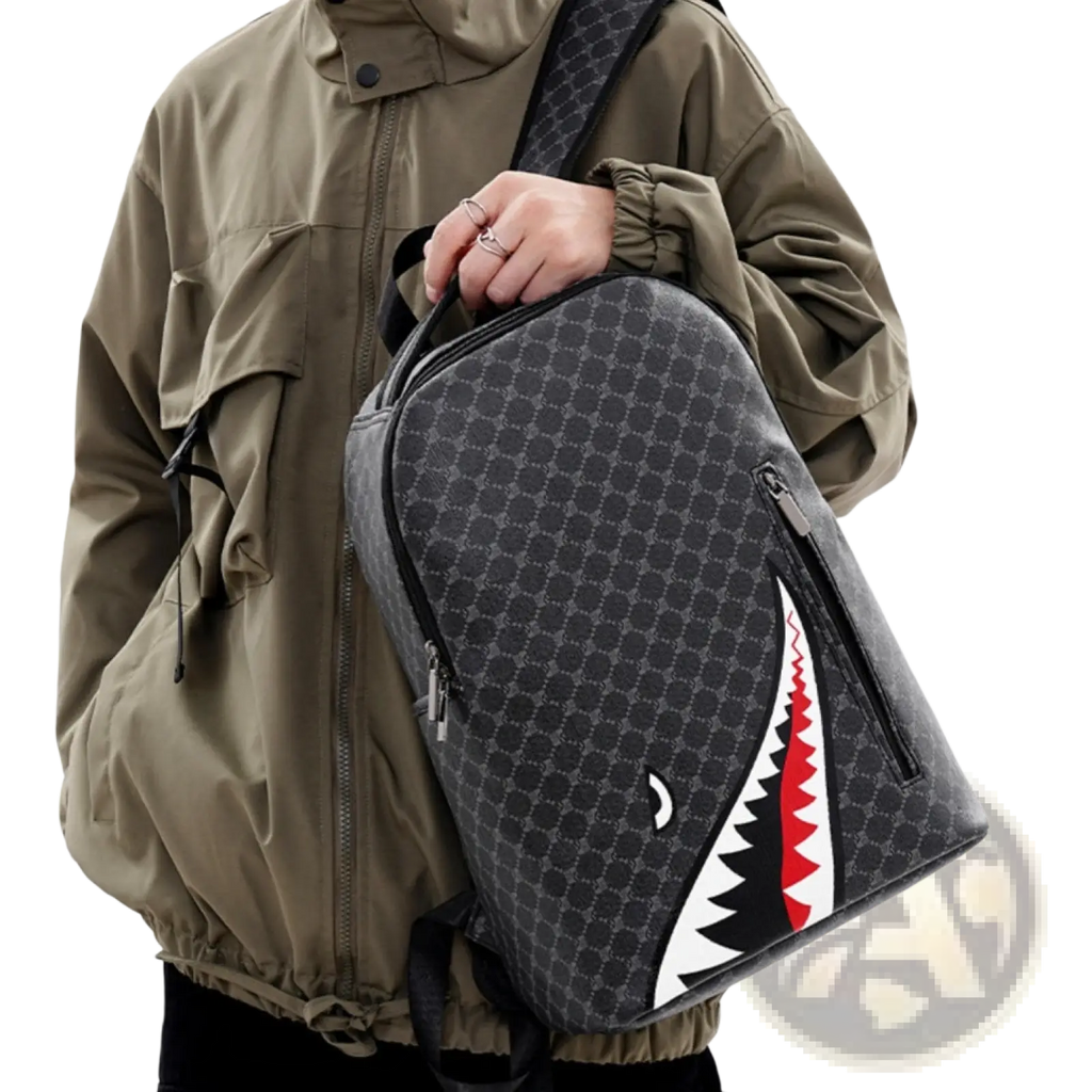 Black and gray patterned pu shark backpack with bold red white and black shark mouth design large capacity business bag