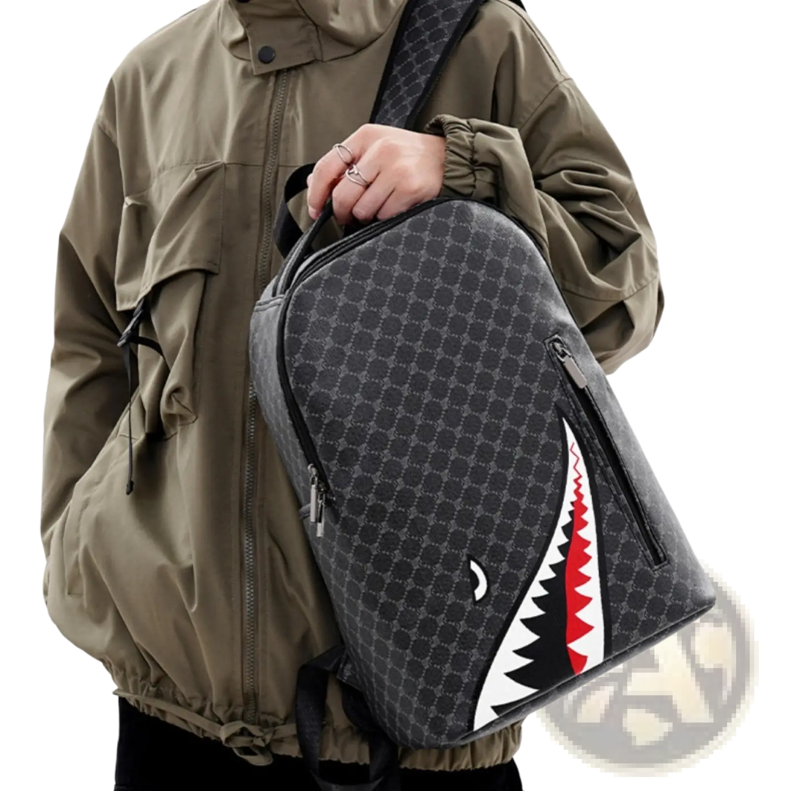 Black and gray patterned pu shark backpack with bold red white and black shark mouth design large capacity business bag