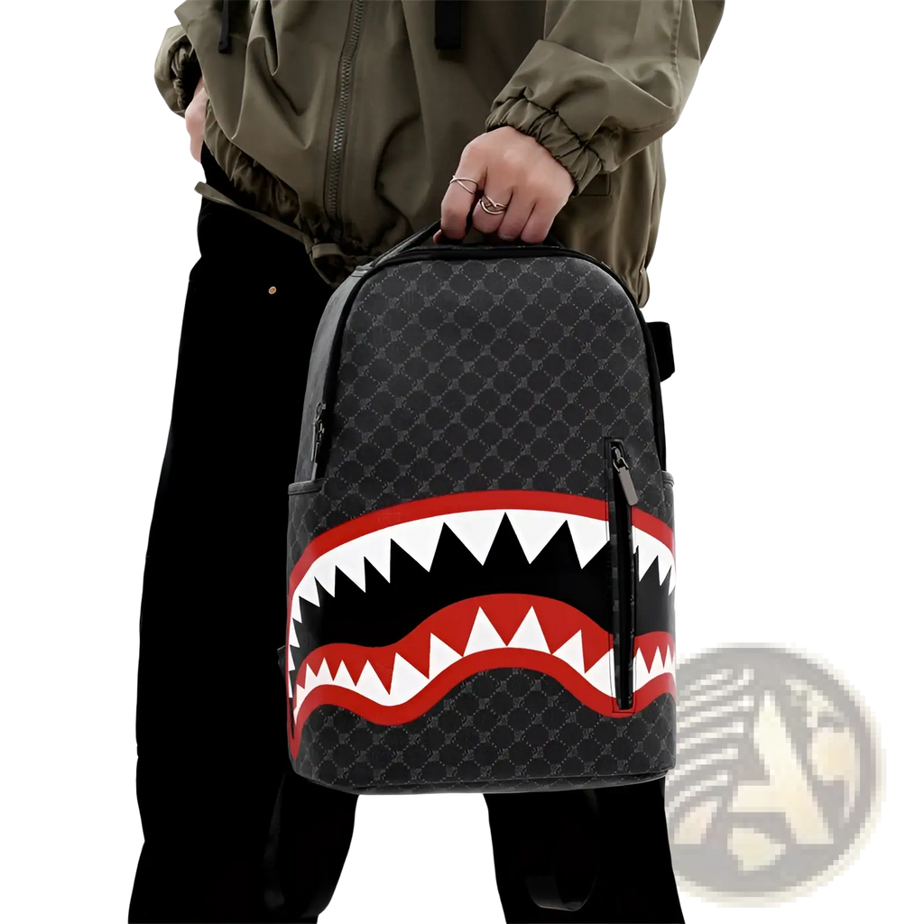 Black large capacity pu backpack with bold red and white shark mouth and geometric pattern for business use