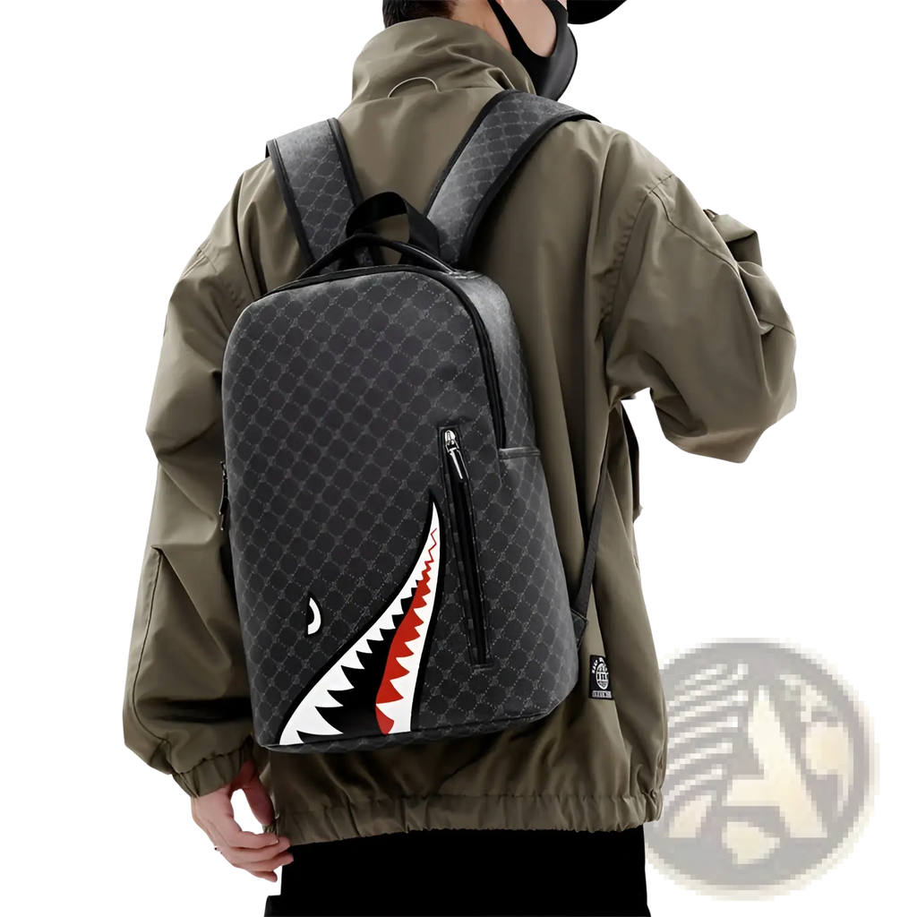Black shark backpack with bold white red and black shark mouth graphic large capacity geometric pu business bag