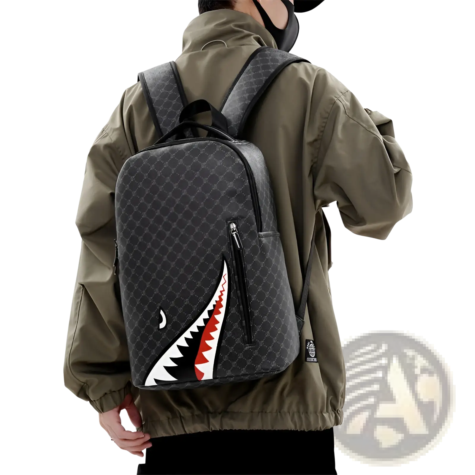 Black shark backpack with bold white red and black shark mouth graphic large capacity geometric pu business bag