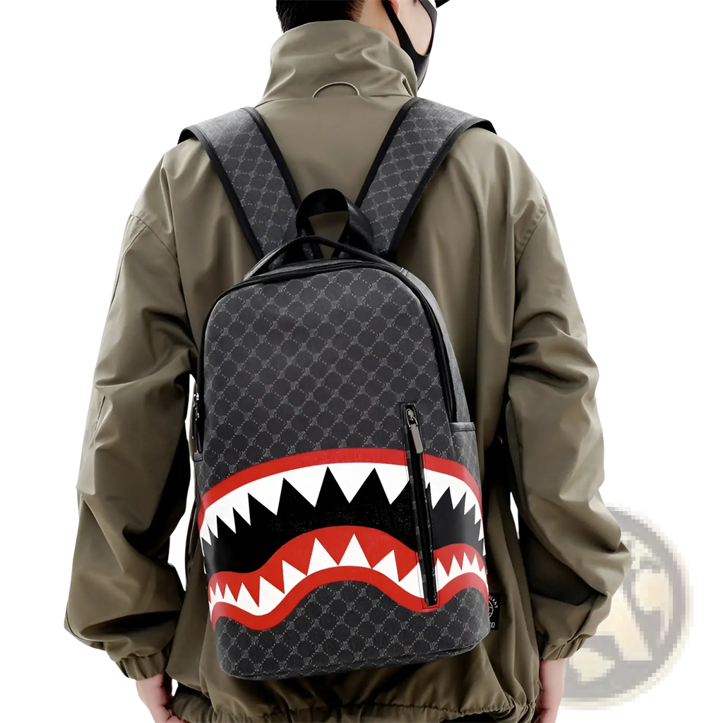 Black shark backpack with bold red and white shark mouth design and geometric pattern large capacity pu bag