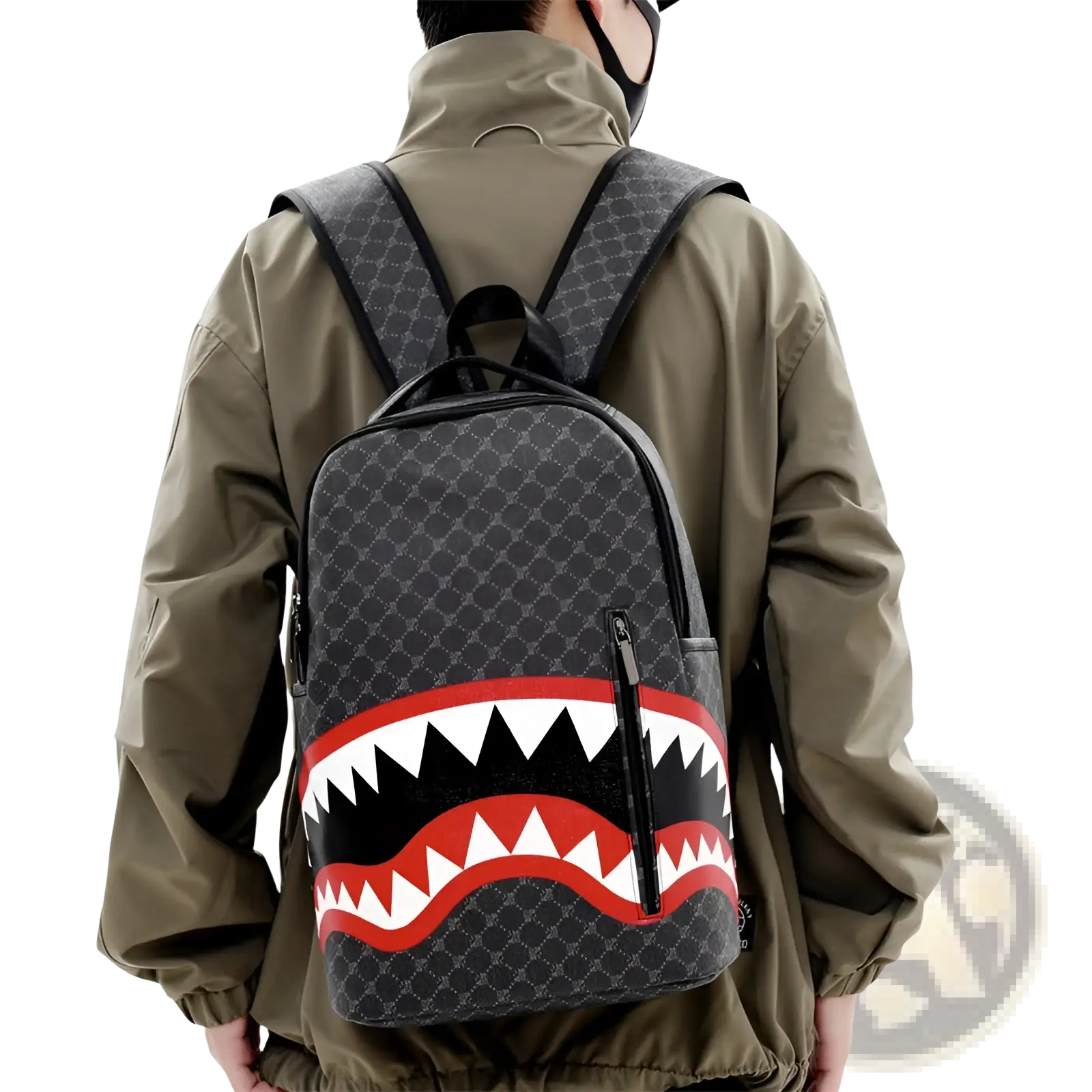 Black shark backpack with bold red and white shark mouth design and geometric pattern large capacity pu bag
