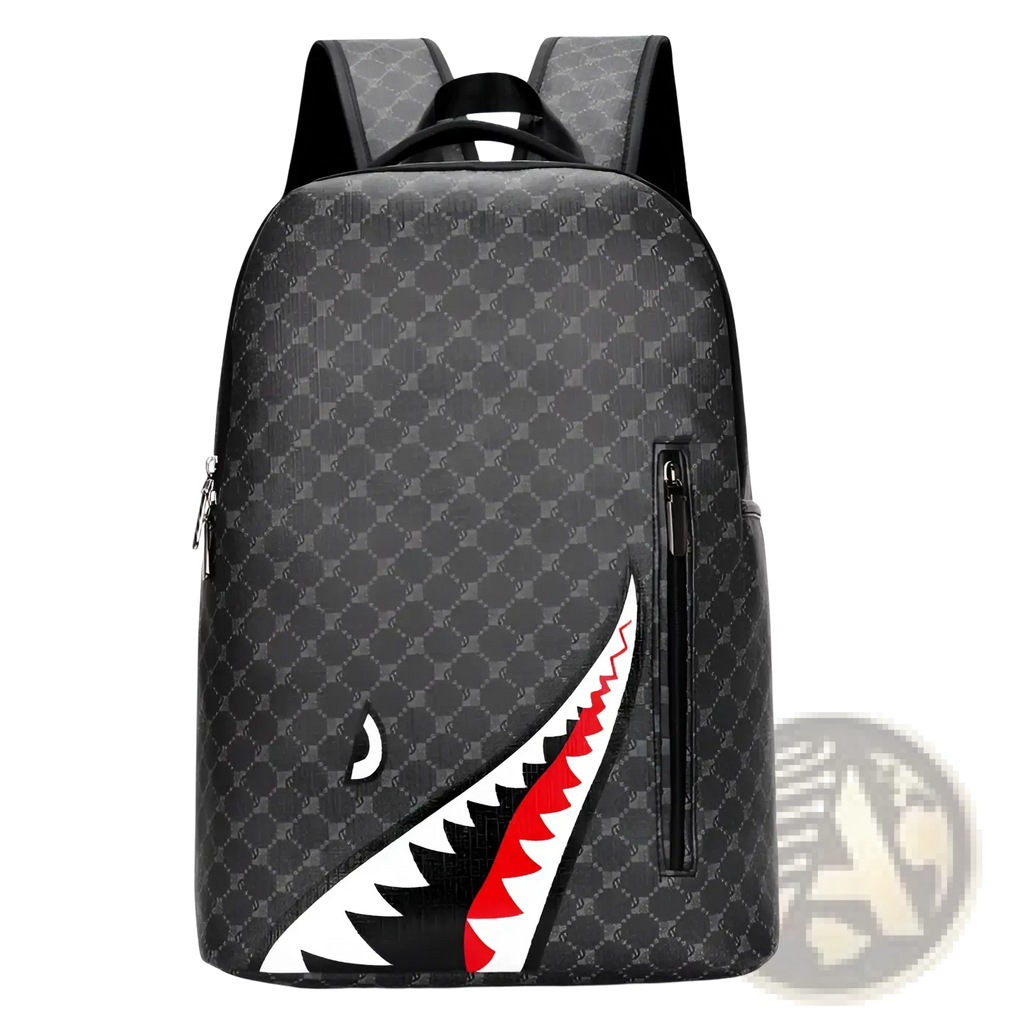 Black shark backpack with large capacity geometric design in pu leather featuring bold white red shark mouth