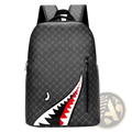 Black shark backpack with large capacity geometric design in pu leather featuring bold white red shark mouth