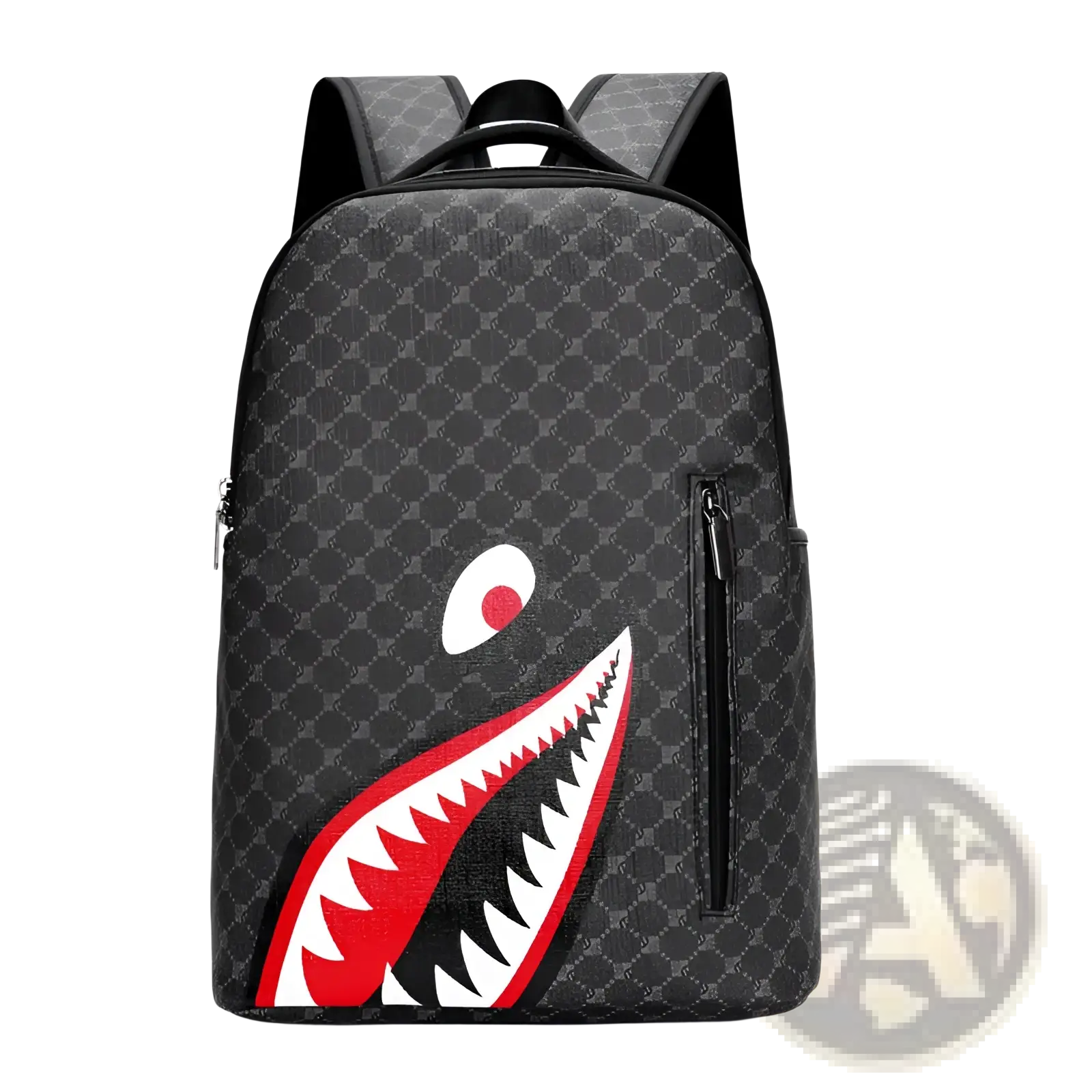 Black backpack with bold red and white shark mouth graphic and geometric pattern large capacity pu business bag