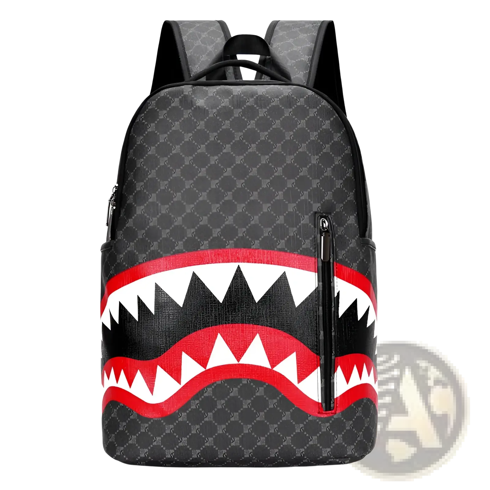 Black large capacity shark backpack with bold red and white shark mouth design on gray geometric pu fabric