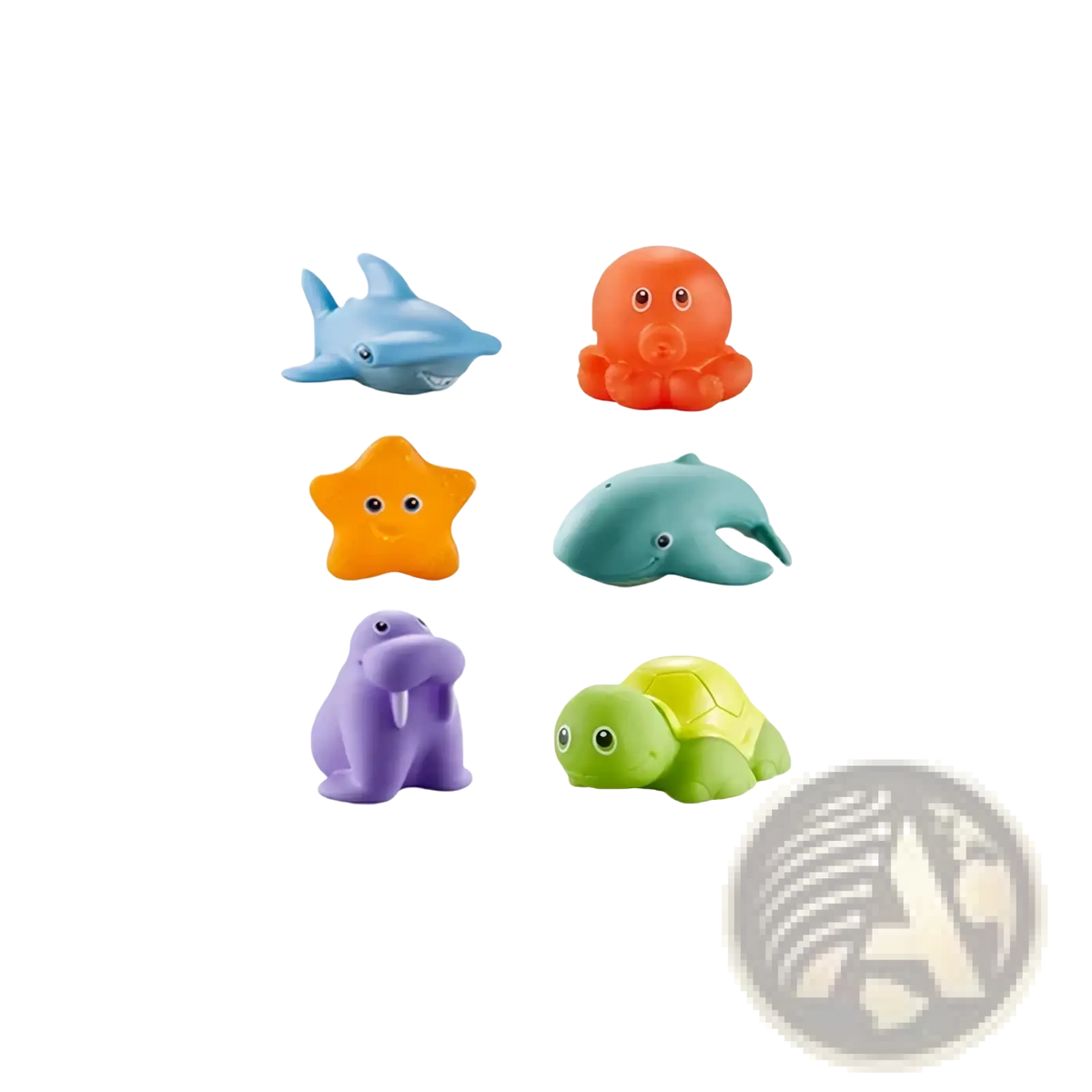 Set of six colorful soft plastic bath toys including shark octopus starfish dolphin walrus and turtle for fishing game set
