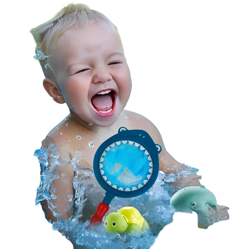 Blue plastic shark-shaped net with red handle and white teeth for floating pool toys in shark bath toy fishing game set
