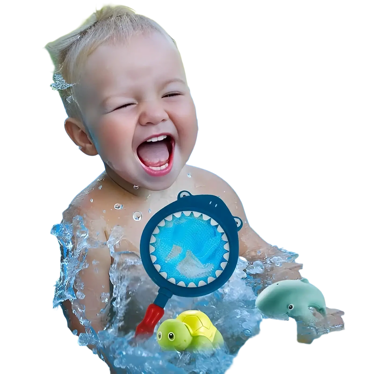 Blue plastic shark-shaped net with red handle and white teeth for floating pool toys in shark bath toy fishing game set