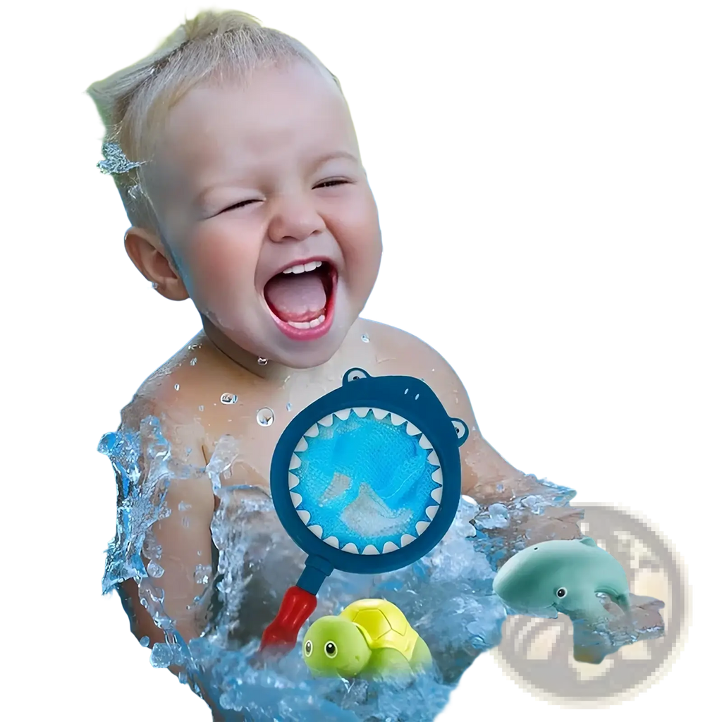 Blue plastic shark-shaped net with red handle and white teeth for floating pool toys in shark bath toy fishing game set