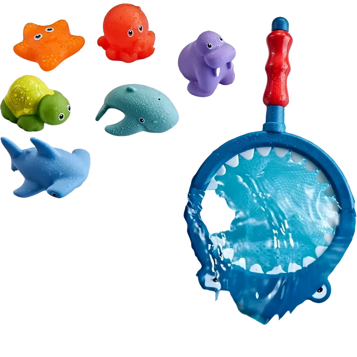 Blue shark-shaped net with red handle and white teeth for shark bath toy fishing game set