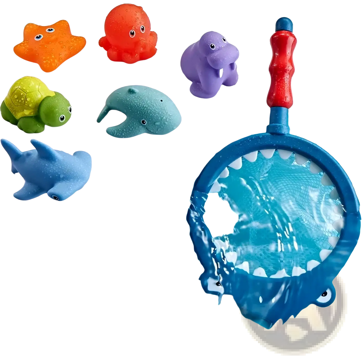 Blue shark-shaped net with red handle and white teeth for shark bath toy fishing game set