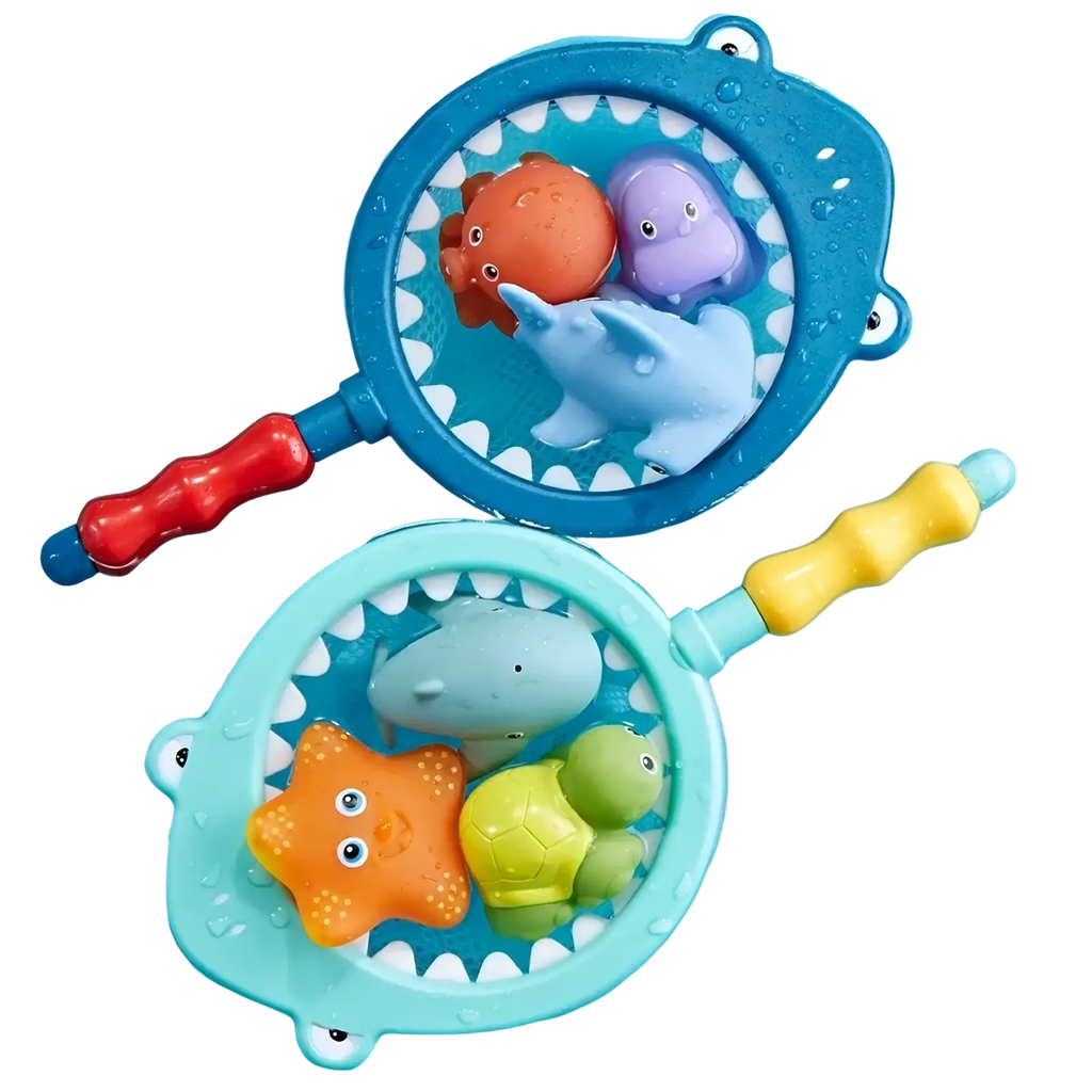 Shark bath toy fishing game set featuring blue and teal shark-shaped plastic toys with colorful sea creatures inside