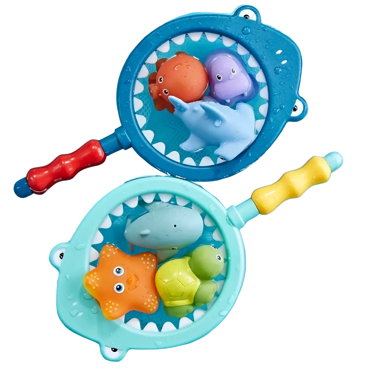 Shark bath toy fishing game set featuring blue and teal shark-shaped plastic toys with colorful sea creatures inside