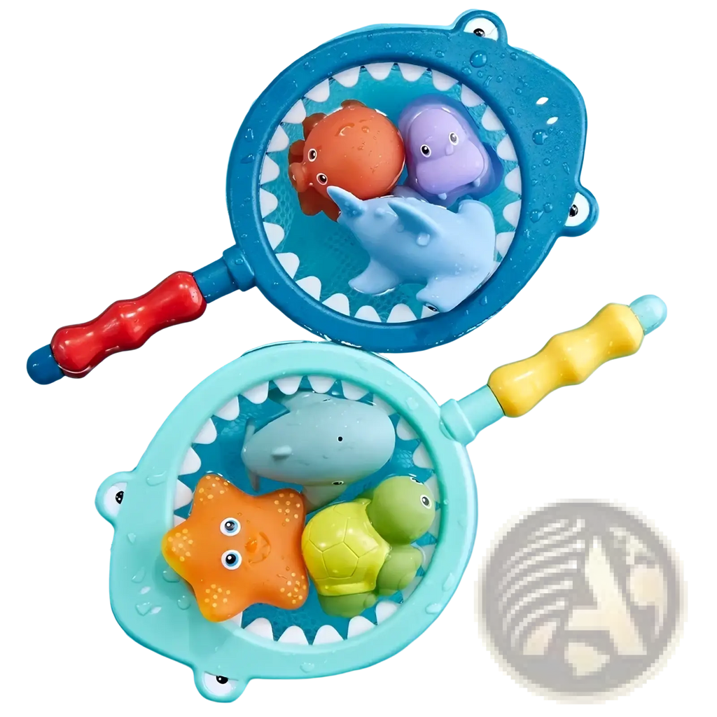 Shark bath toy fishing game set featuring blue and teal shark-shaped plastic toys with colorful sea creatures inside