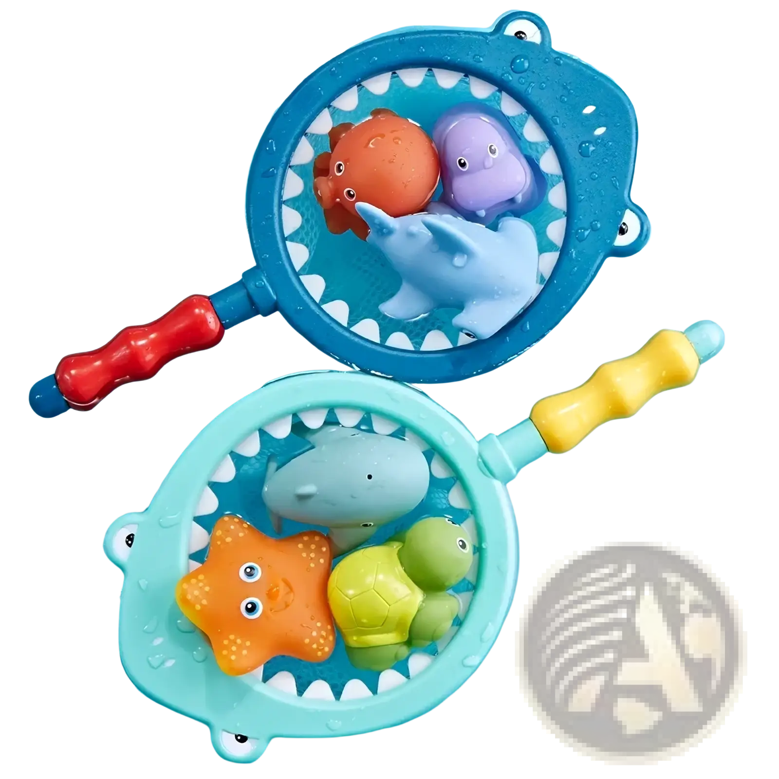 Shark bath toy fishing game set featuring blue and teal shark-shaped plastic toys with colorful sea creatures inside