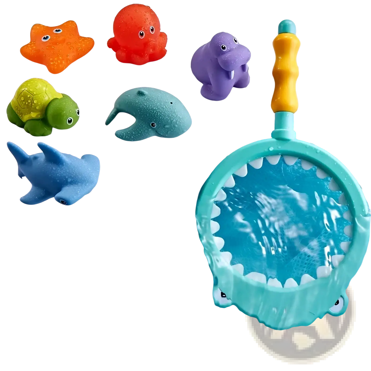 Teal plastic shark-shaped net with yellow handle and white teeth from the shark bath toy fishing game set