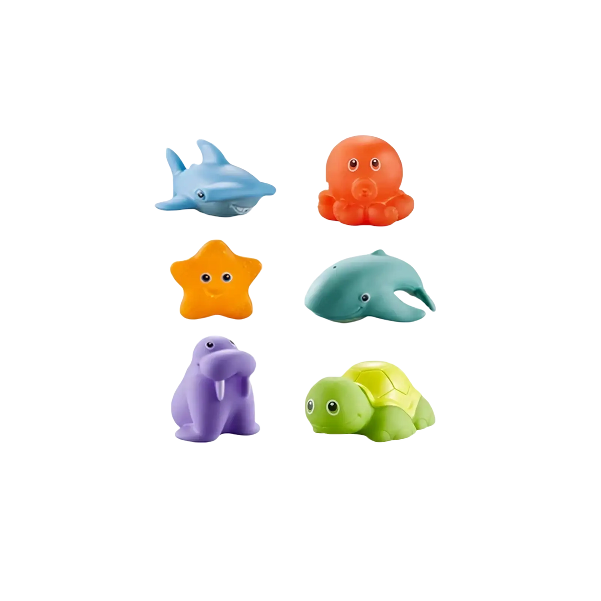 Set of six colorful soft plastic bath toys including shark octopus starfish dolphin walrus and turtle for fishing game set