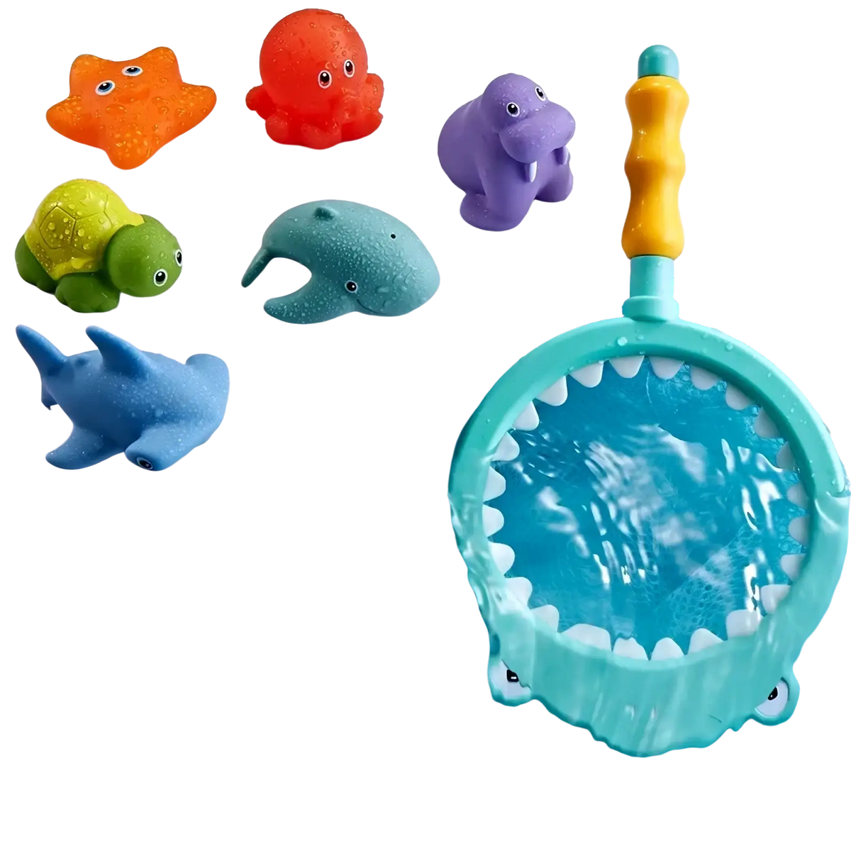 Teal plastic shark-shaped net with yellow handle and white teeth from the shark bath toy fishing game set