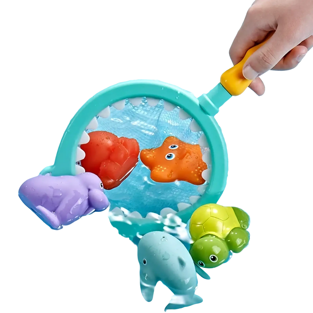 Shark bath toy fishing game set with turquoise water-driven base, yellow handle, shark net, and colorful plastic sea creatures