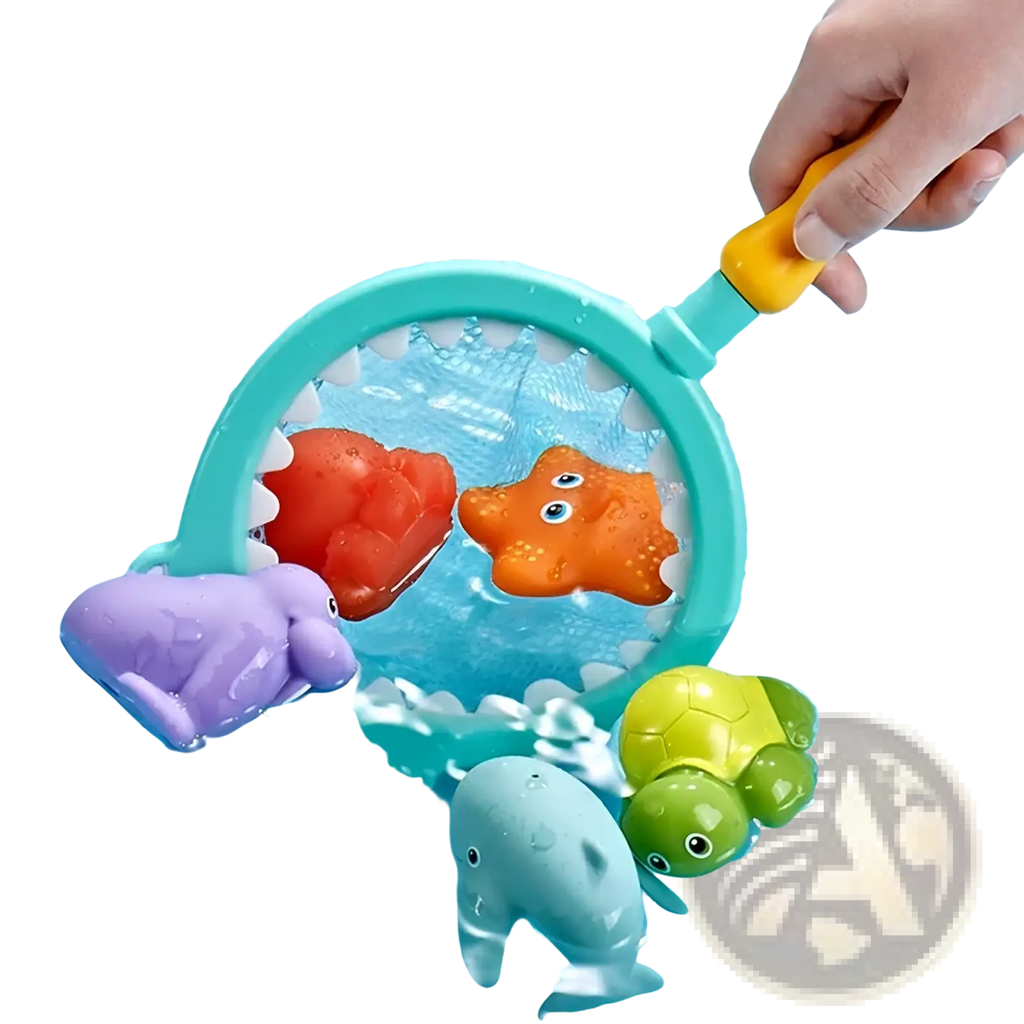 Shark bath toy fishing game set with turquoise water-driven base, yellow handle, shark net, and colorful plastic sea creatures