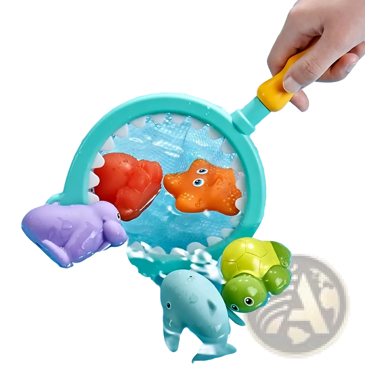 Shark bath toy fishing game set with turquoise water-driven base, yellow handle, shark net, and colorful plastic sea creatures