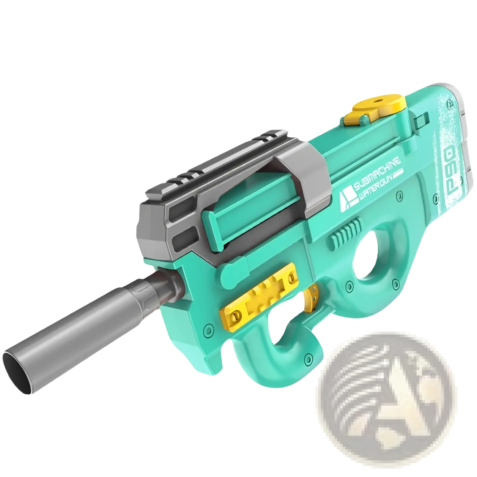Teal and yellow plastic Shark electric water gun high pressure p90 water toy with gray barrel resembling futuristic firearm
