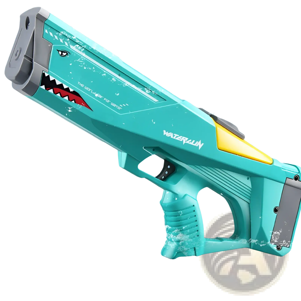 Teal and yellow plastic shark electric water gun with high pressure p90 design for outdoor water play