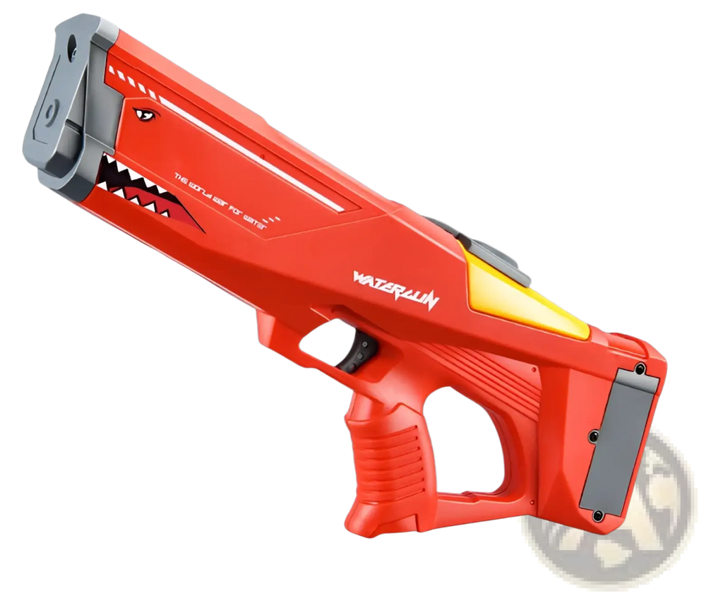 Red and gray shark electric water gun with shark mouth design and yellow trigger guard for high pressure outdoor play