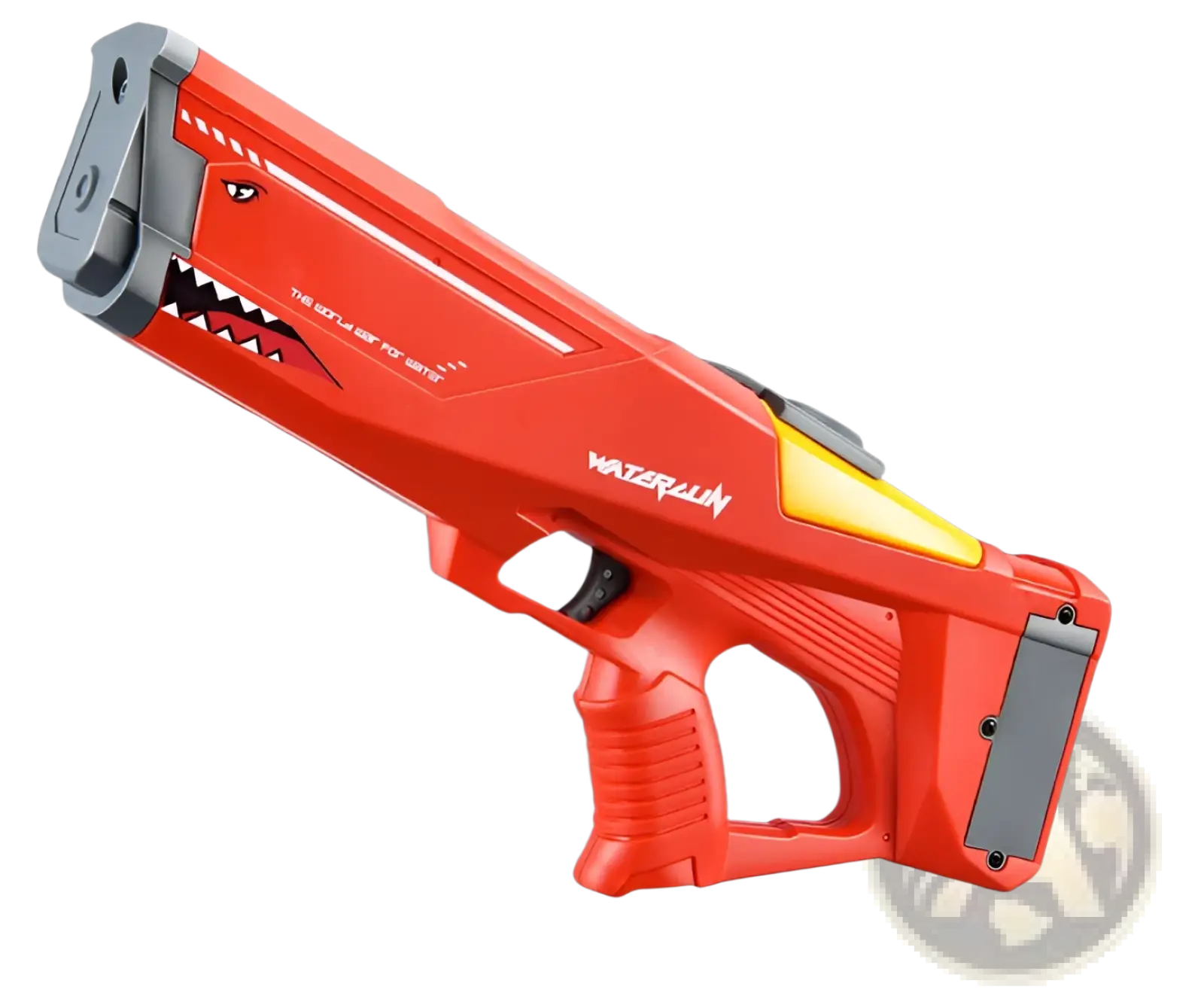Red and gray shark electric water gun with shark mouth design and yellow trigger guard for high pressure outdoor play