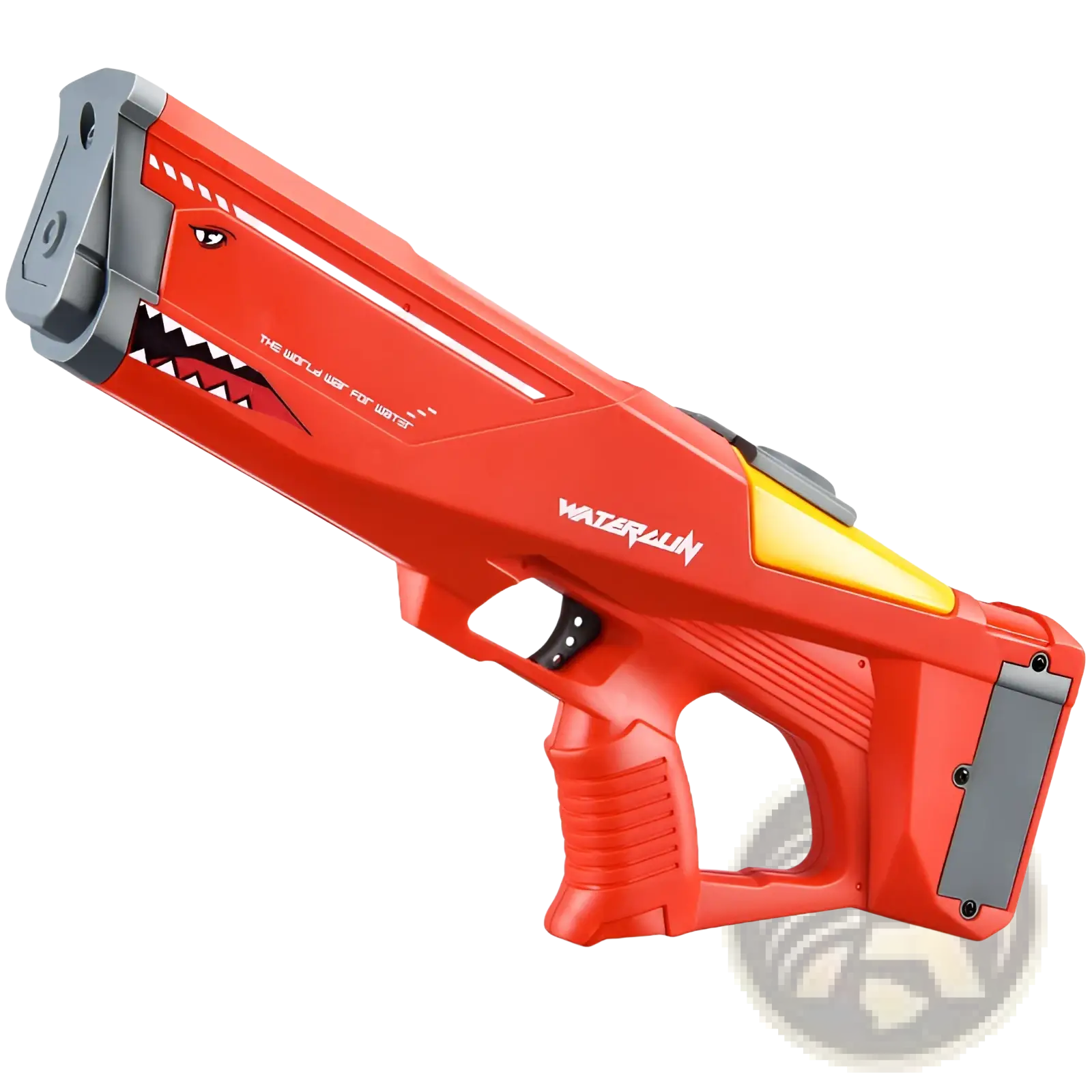 Red and gray shark electric water gun with high pressure p90 design and yellow trigger guard accents for water play