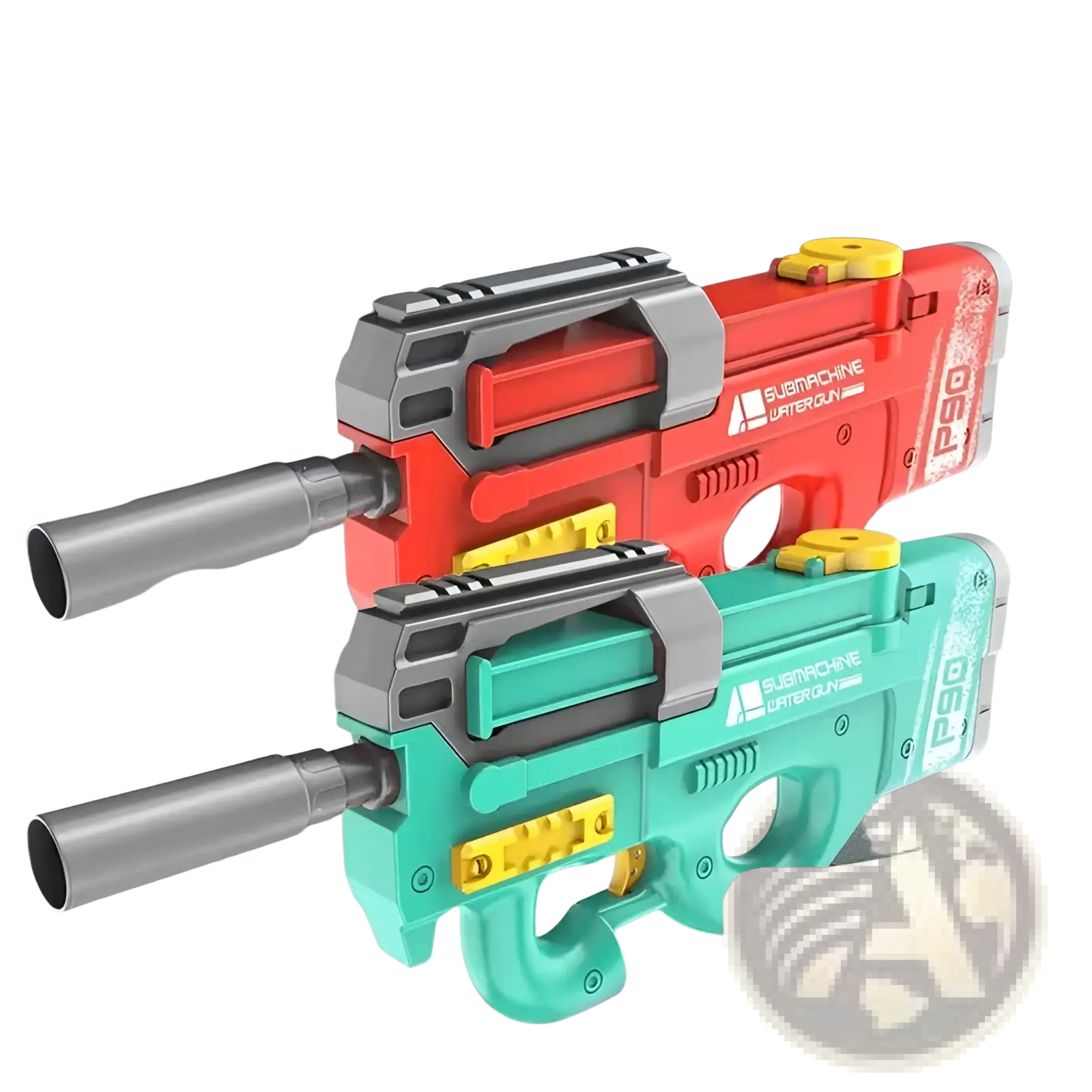 Shark electric water gun high pressure p90 in red and teal with gray accents yellow trigger guards and metallic barrel