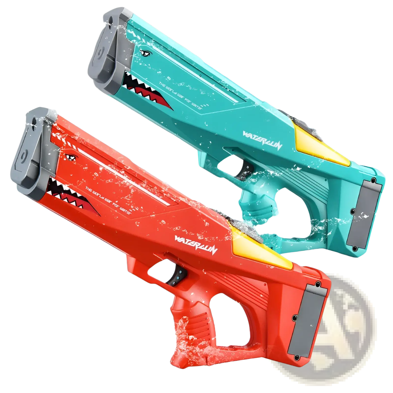 Red and teal plastic Shark Electric water gun with high pressure P90 design and yellow shark mouth accents