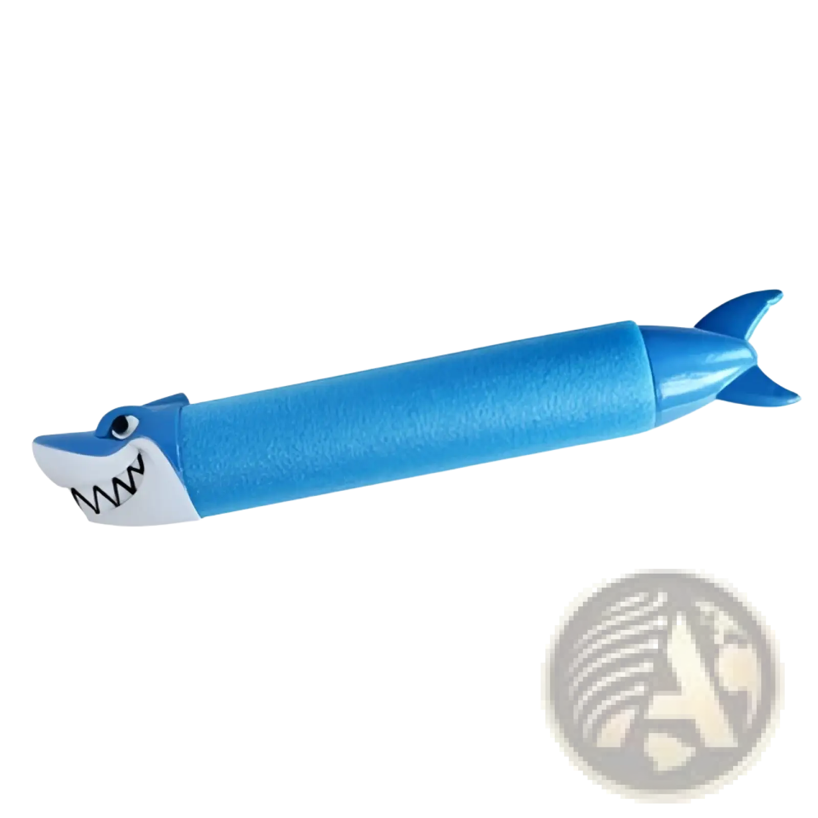 Shark foam water gun blaster for kids in blue foam with white mouth and black zigzag teeth pool toy